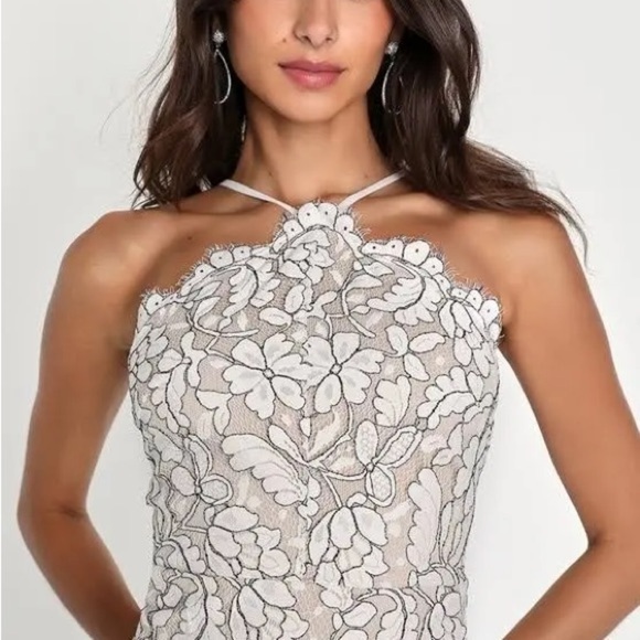 Lulus delicate darling beige and ivory lace bodycon high neck dress ❤️ - Picture 6 of 15